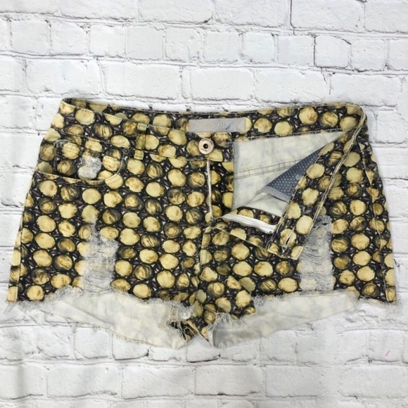 Animale Denim Cut Off Shorts Distressed Yellow Circle Lemon Pattern Size 42 - Picture 3 of 10